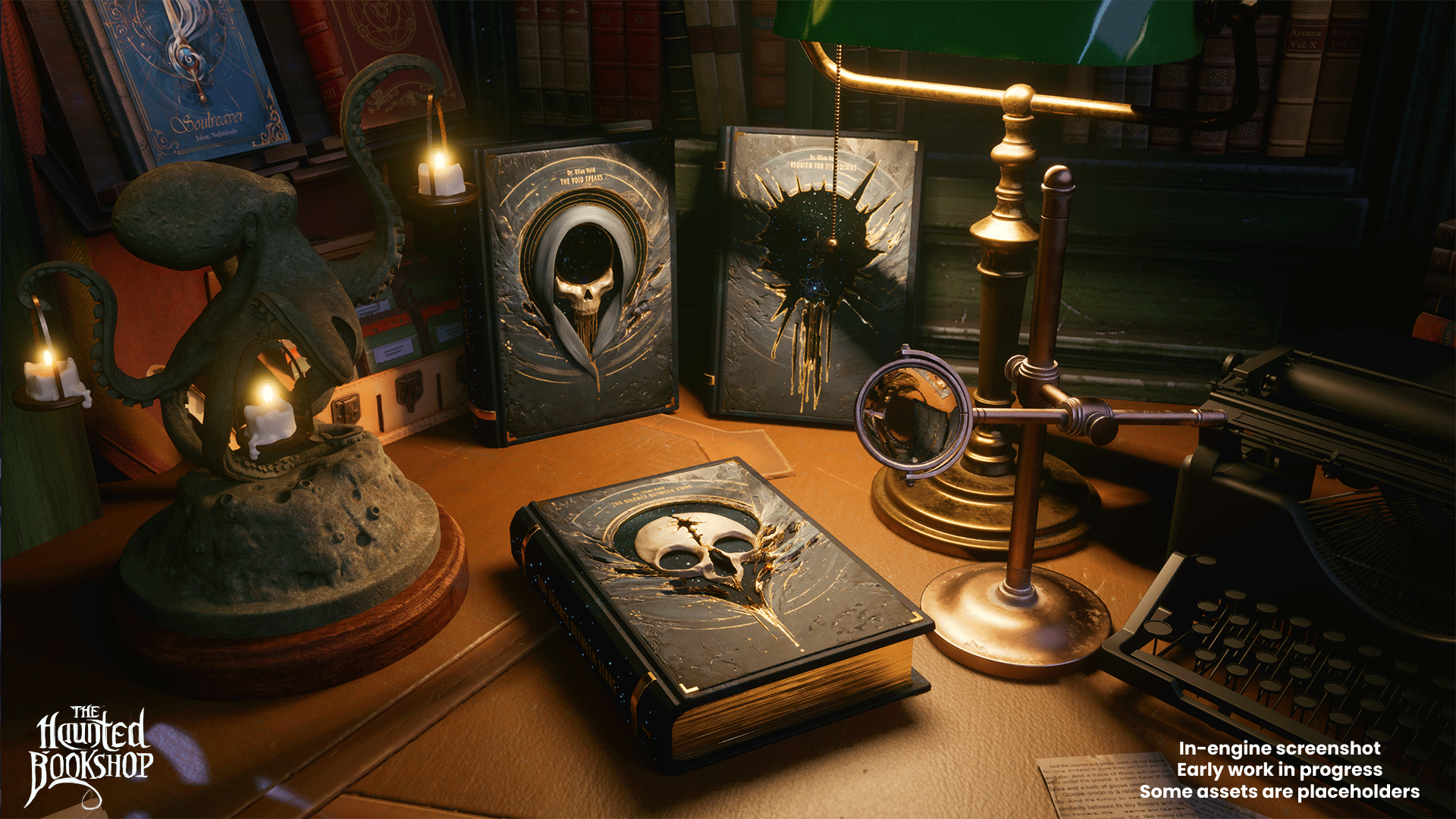In-engine screenshot showing the three Void Codex books displayed on a desk in the bookshop