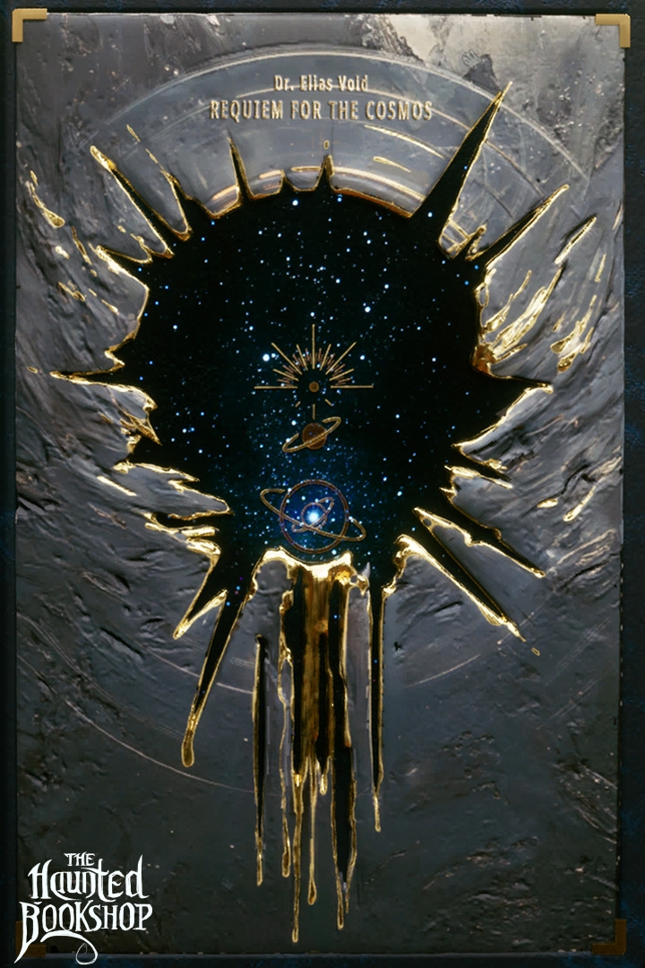 Requiem for the Cosmos - book cover featuring a torn cosmic opening with planets and golden drips