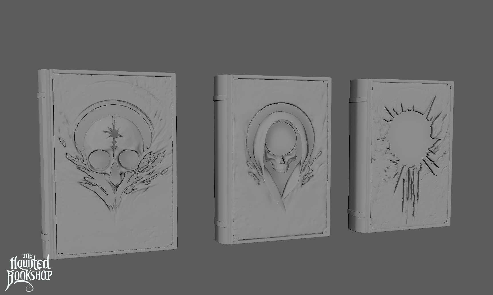Clay sculpt render of the three Void Codex book covers