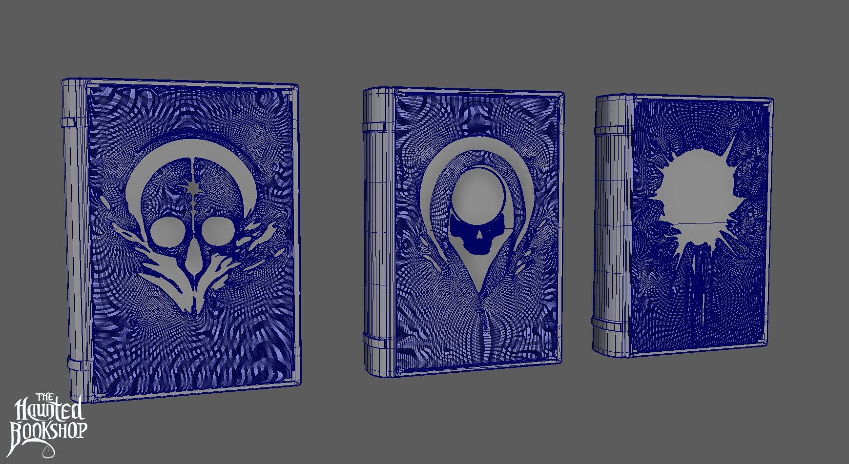 Wireframe render showing the technical mesh structure of all three Void Codex covers